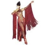 Red Fringe Rhinestone Jumpsuit - Long Sleeve Stretch Leotard for Pole Dance & Stage
