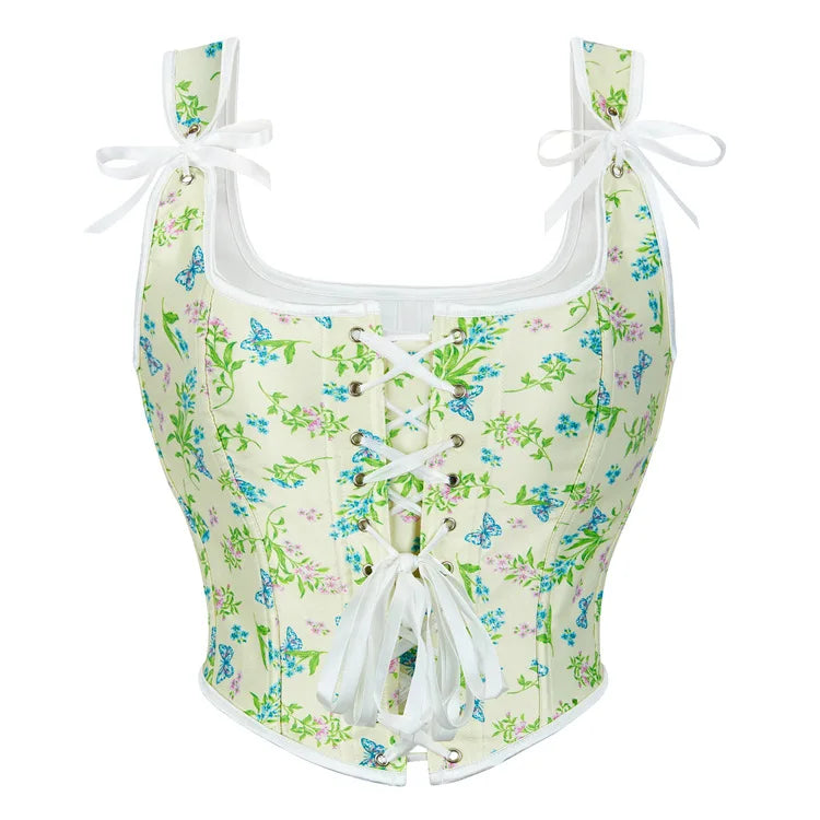 Floral Print Overbust Corset | Straps & Lace-Up | Vintage