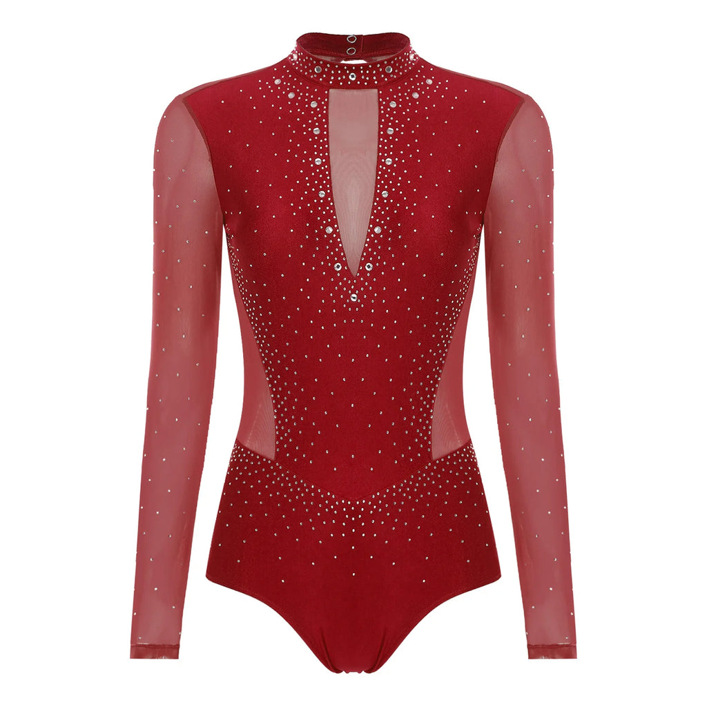 Rhinestone Mesh Long Sleeve Leotard | Open Back | Mock Neck | Figure Skating Ballet