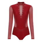 Rhinestone Mesh Long Sleeve Leotard | Open Back | Mock Neck | Figure Skating Ballet