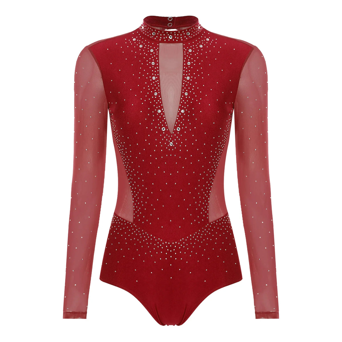 Rhinestone Mesh Long Sleeve Leotard | Open Back | Mock Neck | Figure Skating Ballet
