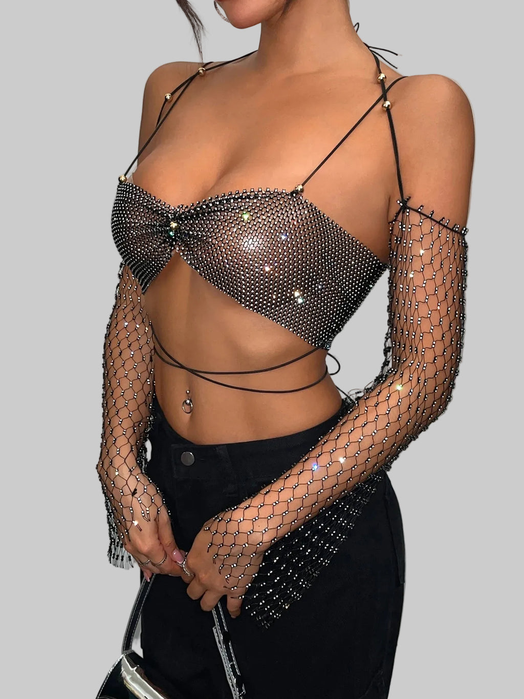 Rhinestone Mesh Fishnet Long Sleeve Crop Top