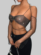 Rhinestone Mesh Fishnet Long Sleeve Crop Top