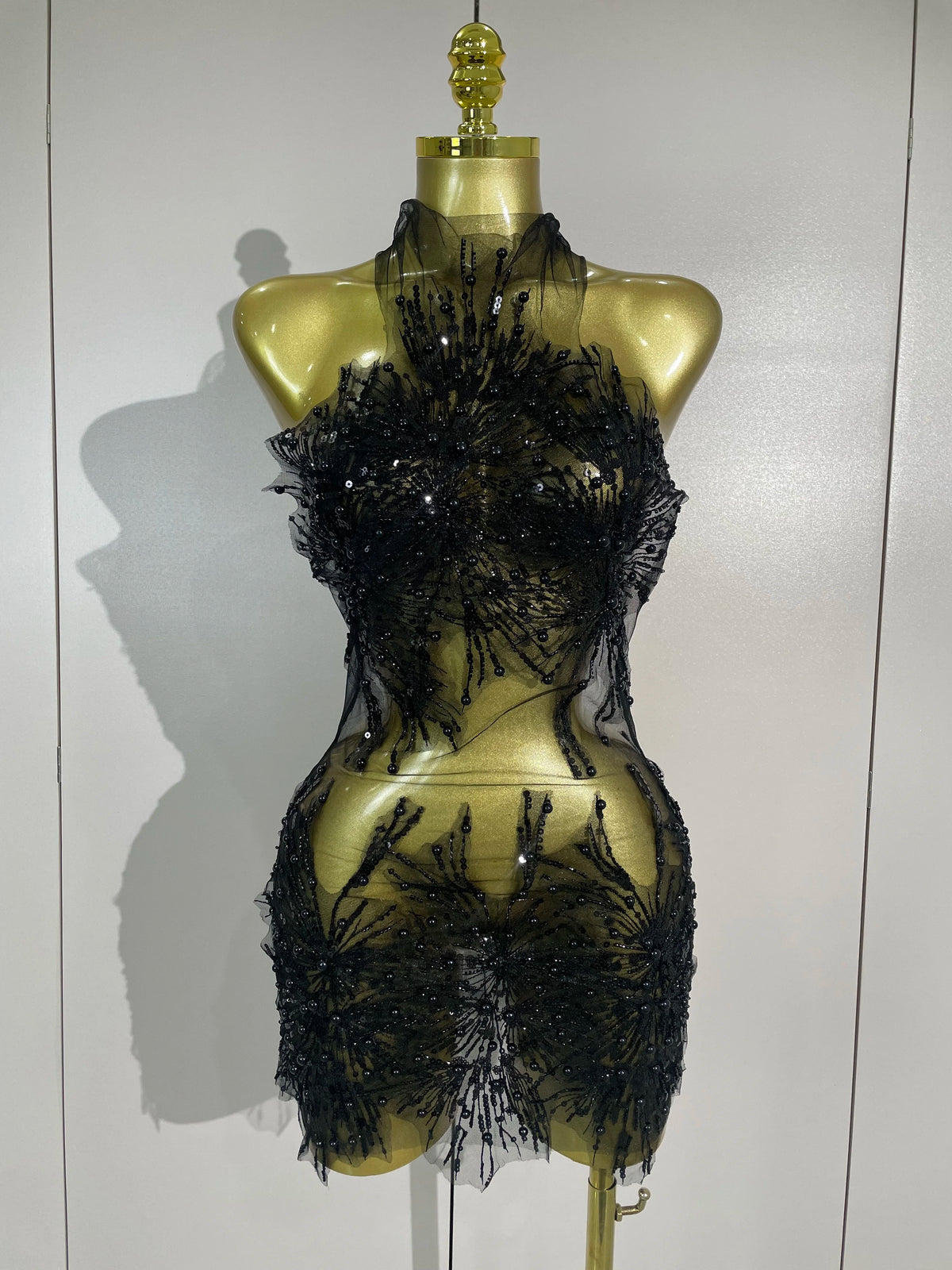 Pearl Starburst Mesh Mini Dress | 3D Appliqué | Stage & Performance