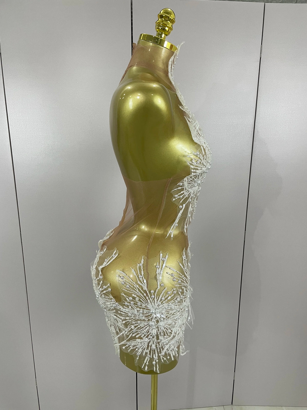 Pearl Starburst Mesh Mini Dress | 3D Appliqué | Stage & Performance