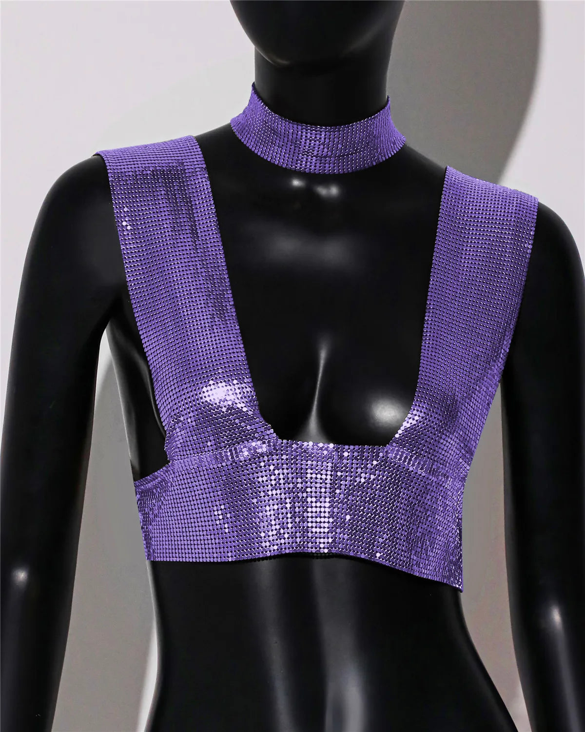 Sequin Choker Crop Top - Backless V-Neck Performance Cami