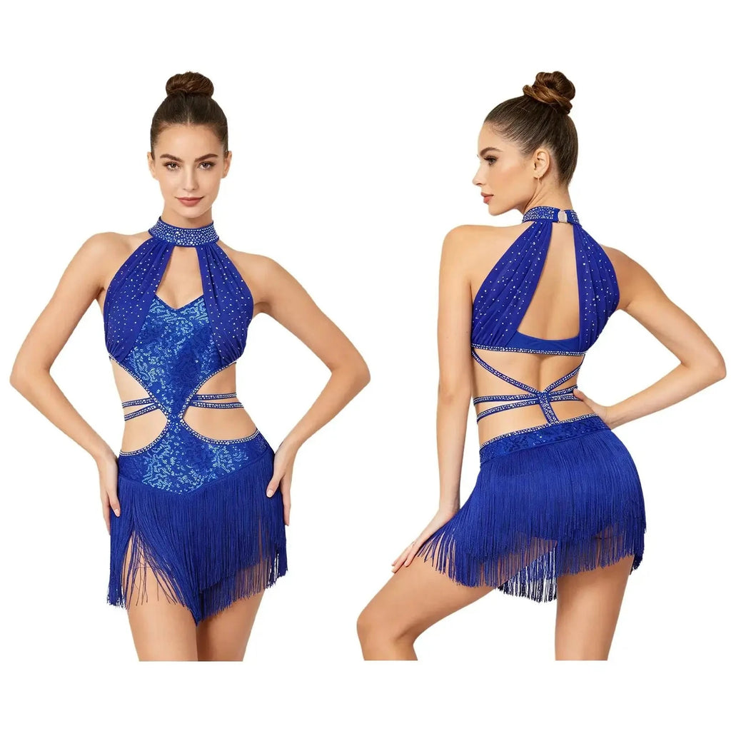 Shiny Latin Tassel Fringe Dress | Halterneck Keyhole Cutout | Samba Tango Performance
