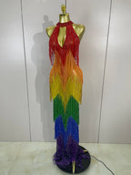 Rainbow Rhinestone Mesh Gown | Stage Performance Dress