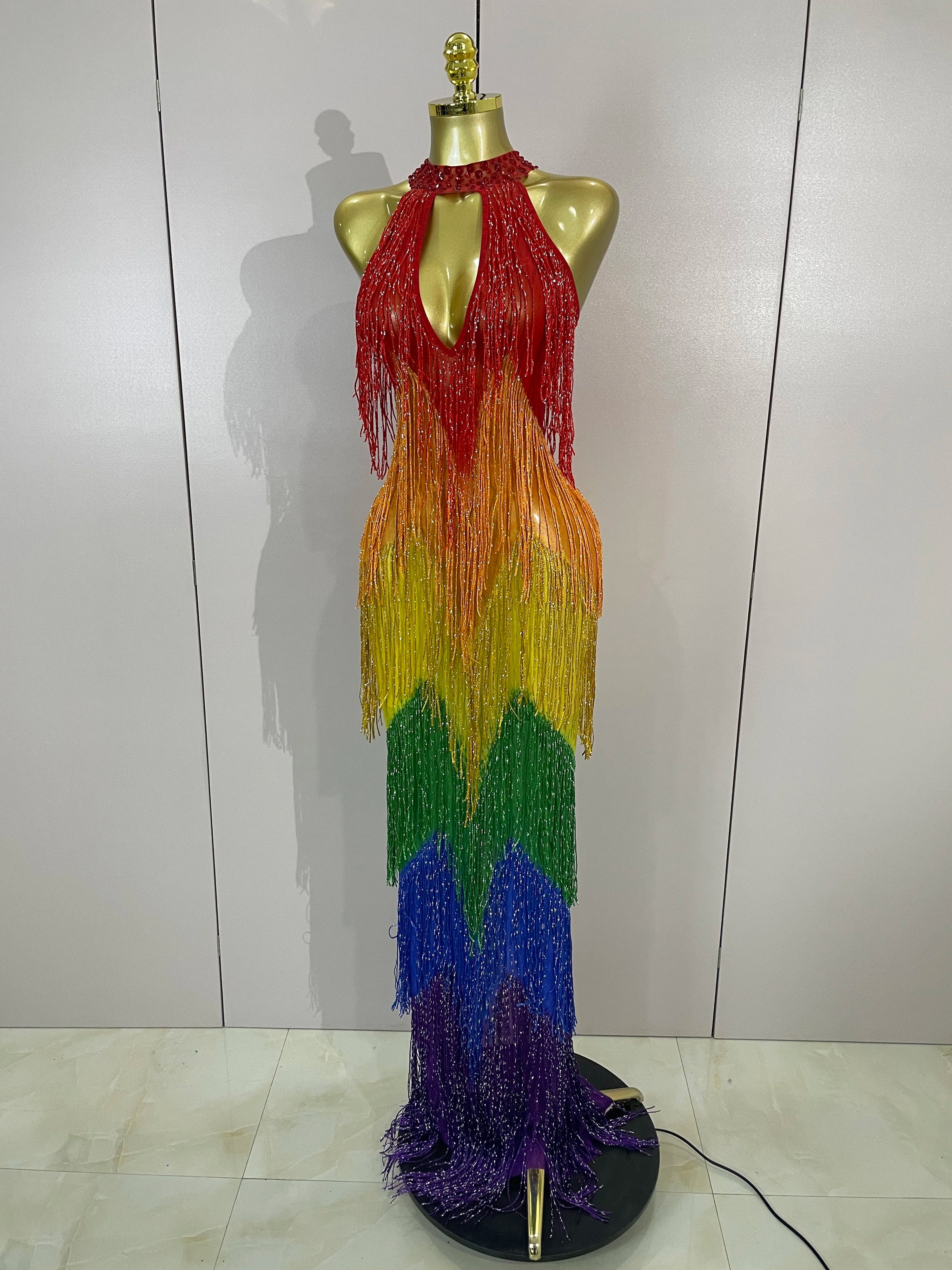 Rainbow Rhinestone Mesh Gown | Stage Performance Dress