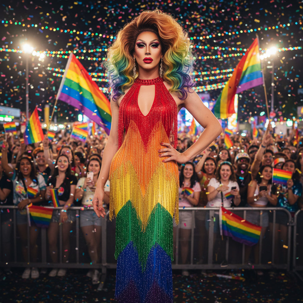 Rainbow Rhinestone Mesh Gown | Stage Performance Dress