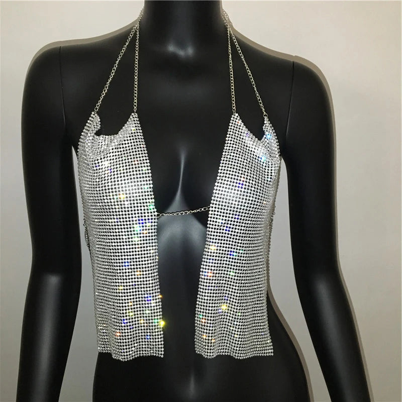 Metal Chain Rhinestone Halter Crop Top - Backless Deep V Tank