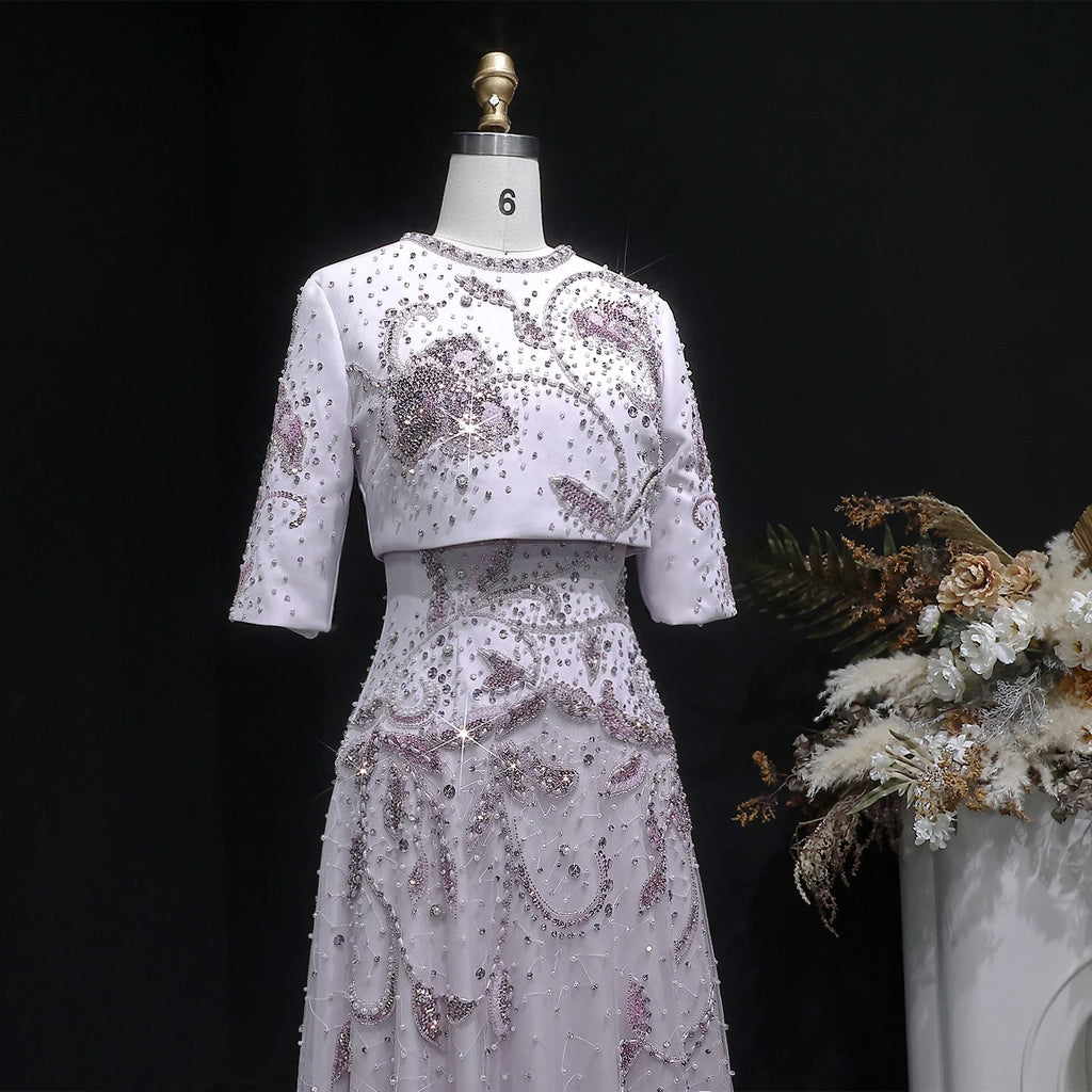 Beaded Pearl Two-Piece Gown | Half Sleeve A-Line | Blush Pink
