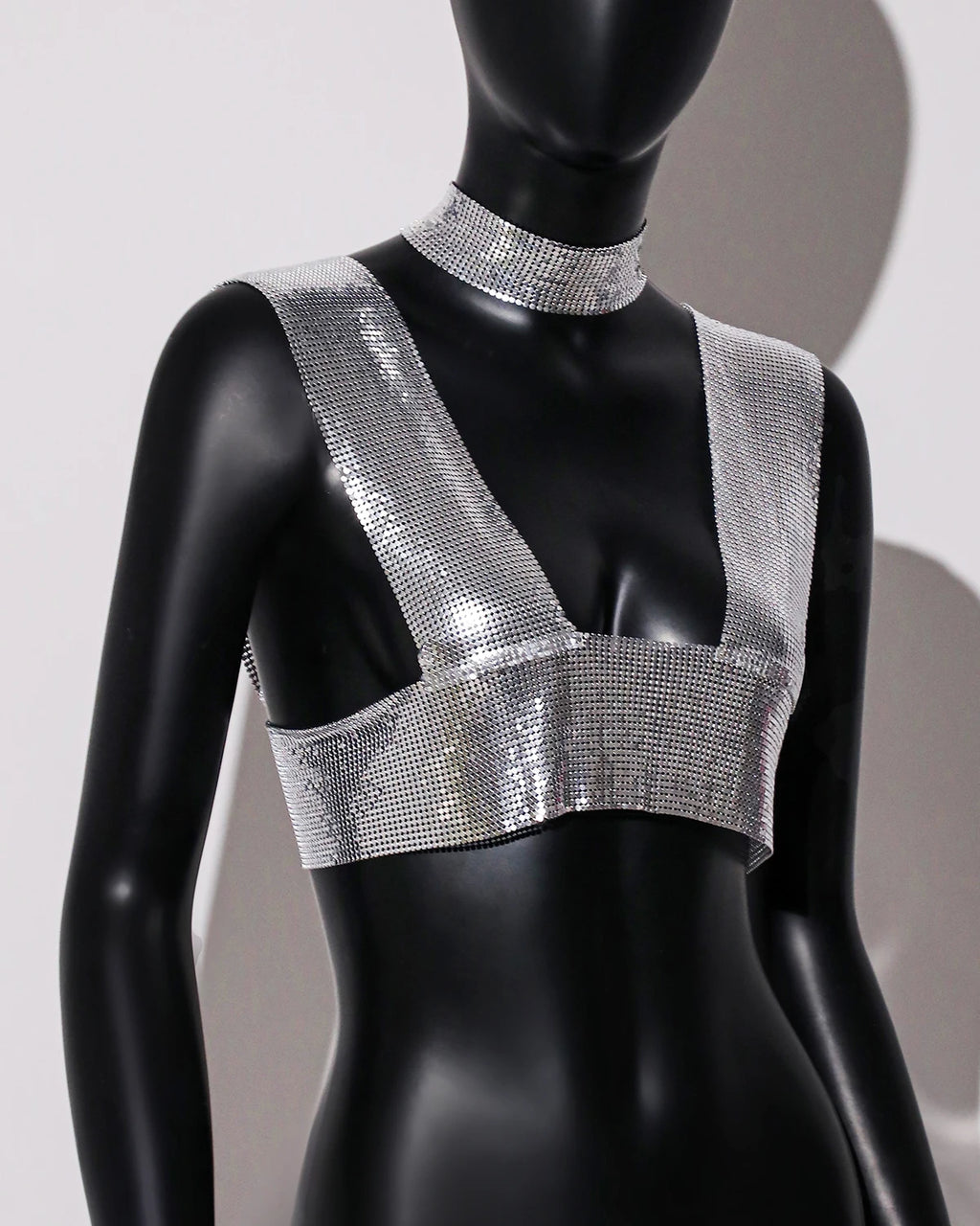Sequin Choker Crop Top - Backless V-Neck Performance Cami