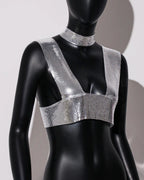 Sequin Choker Crop Top - Backless V-Neck Performance Cami
