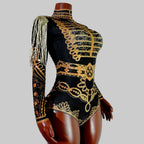 Luxe Black & Gold Diamond Embellished Fringe Bodysuit – Stage Performance Edition