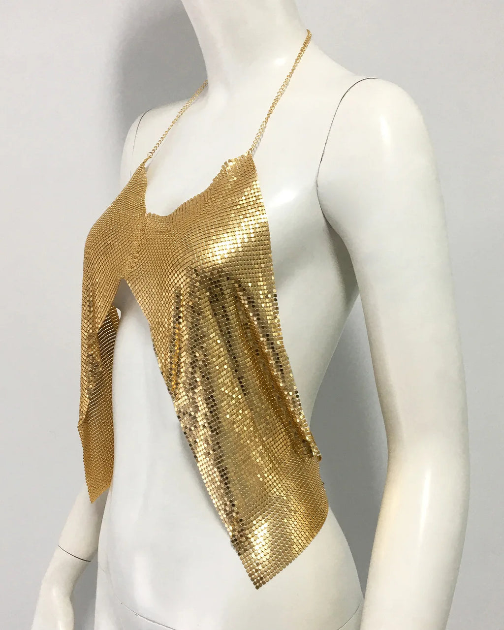 Metal Sequin Halter Crop Top - Deep V Backless Festival Tank
