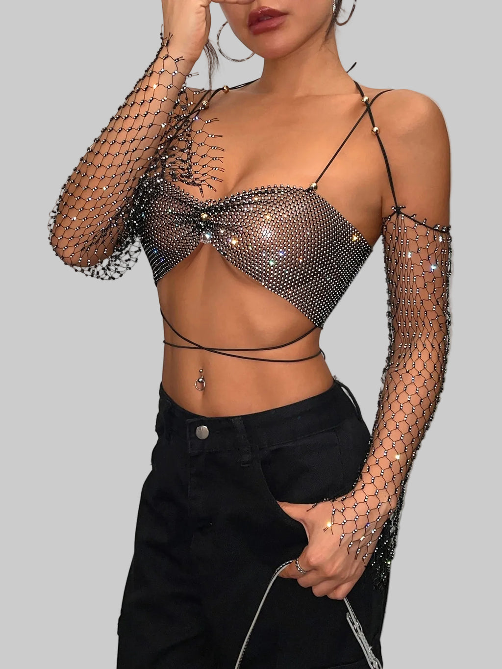 Rhinestone Mesh Fishnet Long Sleeve Crop Top