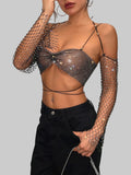 Rhinestone Mesh Fishnet Long Sleeve Crop Top