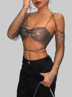 Rhinestone Mesh Fishnet Long Sleeve Crop Top