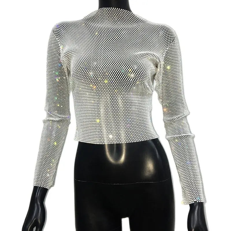 Rhinestone Fishnet Mesh Long Sleeve Top - Sheer Starlight Party Tee