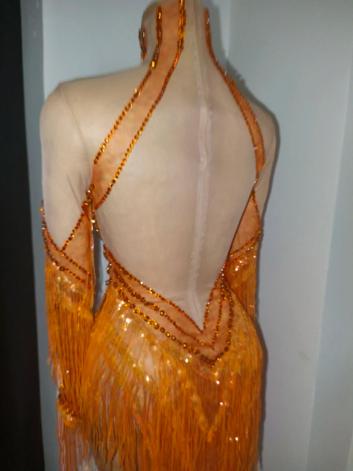 Orange Rhinestone Chain Tassel Sleeve Mesh Gown | Stage