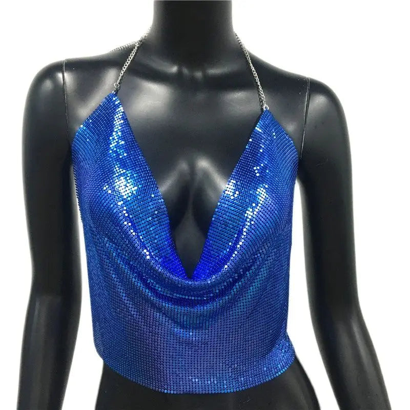Metallic Sequin Crop Tank - Backless Performance Top