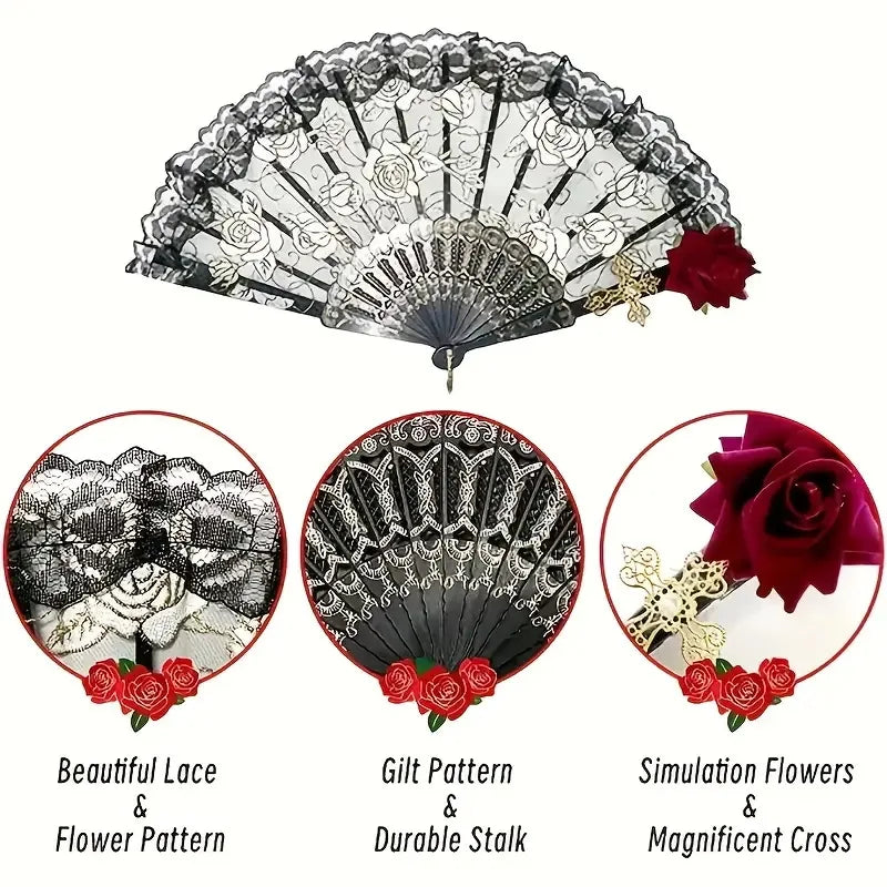 Lace Hand Fan | Black Rose Detail
