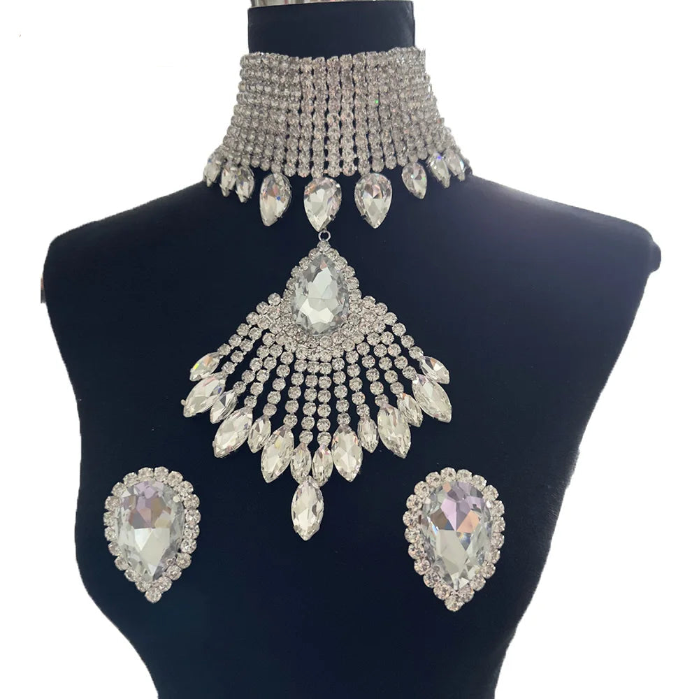 Rhinestone Tassel Choker Jewelry Set | Necklace & Earrings