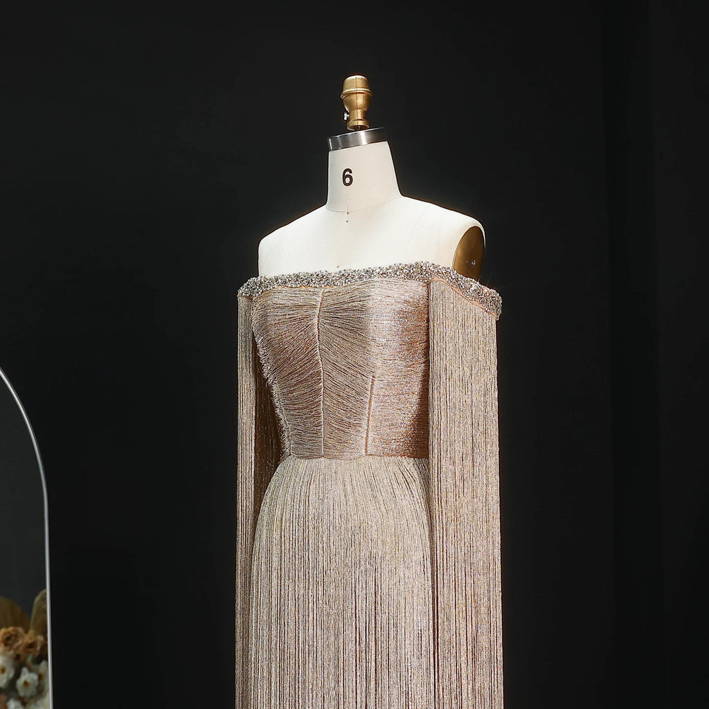 Gold Tassel Formal Gown | Off-Shoulder | Floor-Length