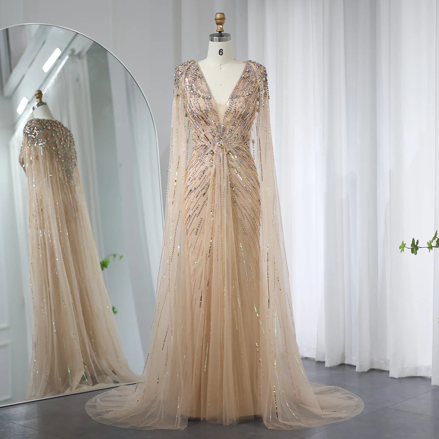 Crystal Cape Pageant Gown | Beaded | Floor-Length