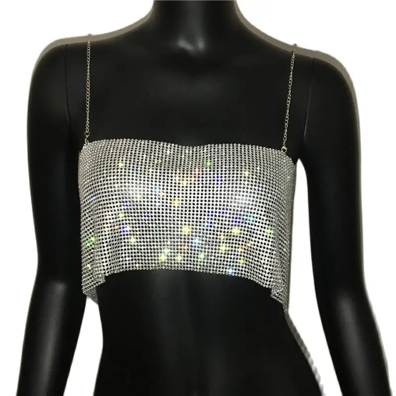 Crystal Metal Strap Crop Top with Glitter