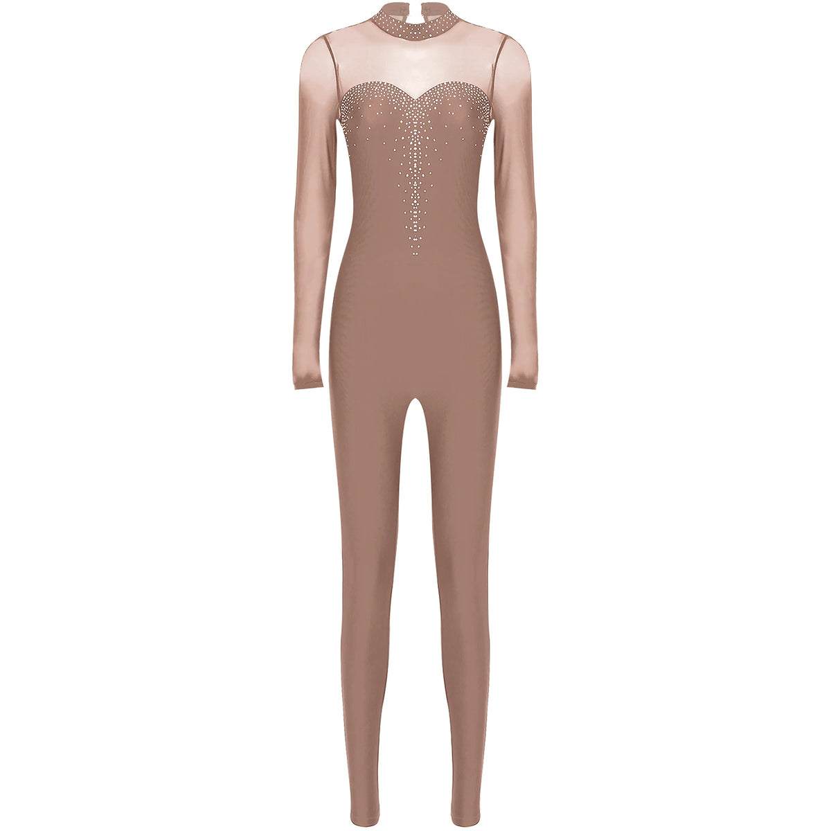 Women's Rhinestone Sheer Mesh Dance Jumpsuit | Mock Neck & Keyhole Back | Figure Skating & Performance