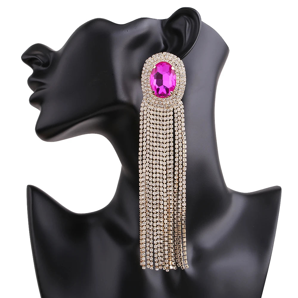 Long Rhinestone Drop Earrings | Clip or Pin
