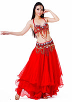 Rhinestone Belly Dance Costume Set | Bra, Belt & Ruffle Skirt