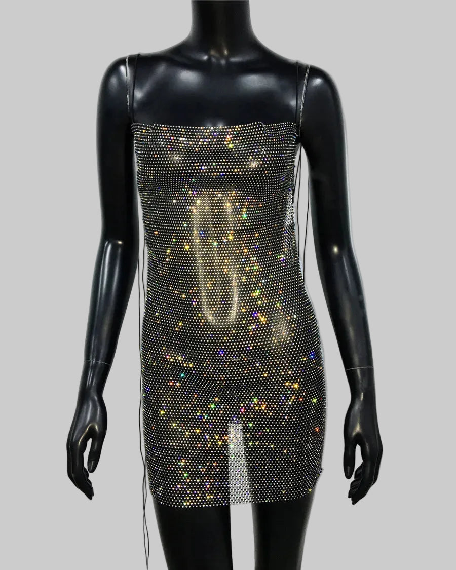 Rhinestone Mesh Bodycon Dress - Sheer Fishnet Mini Dress