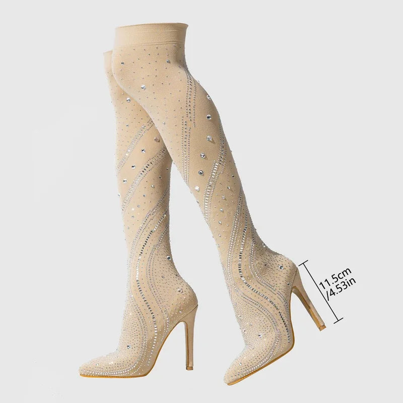 Crystal Diamond Stretch OTK Boots | Stiletto | 11.5cm Heel