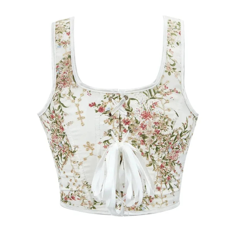 Floral Print Overbust Corset | Straps & Lace-Up | Vintage
