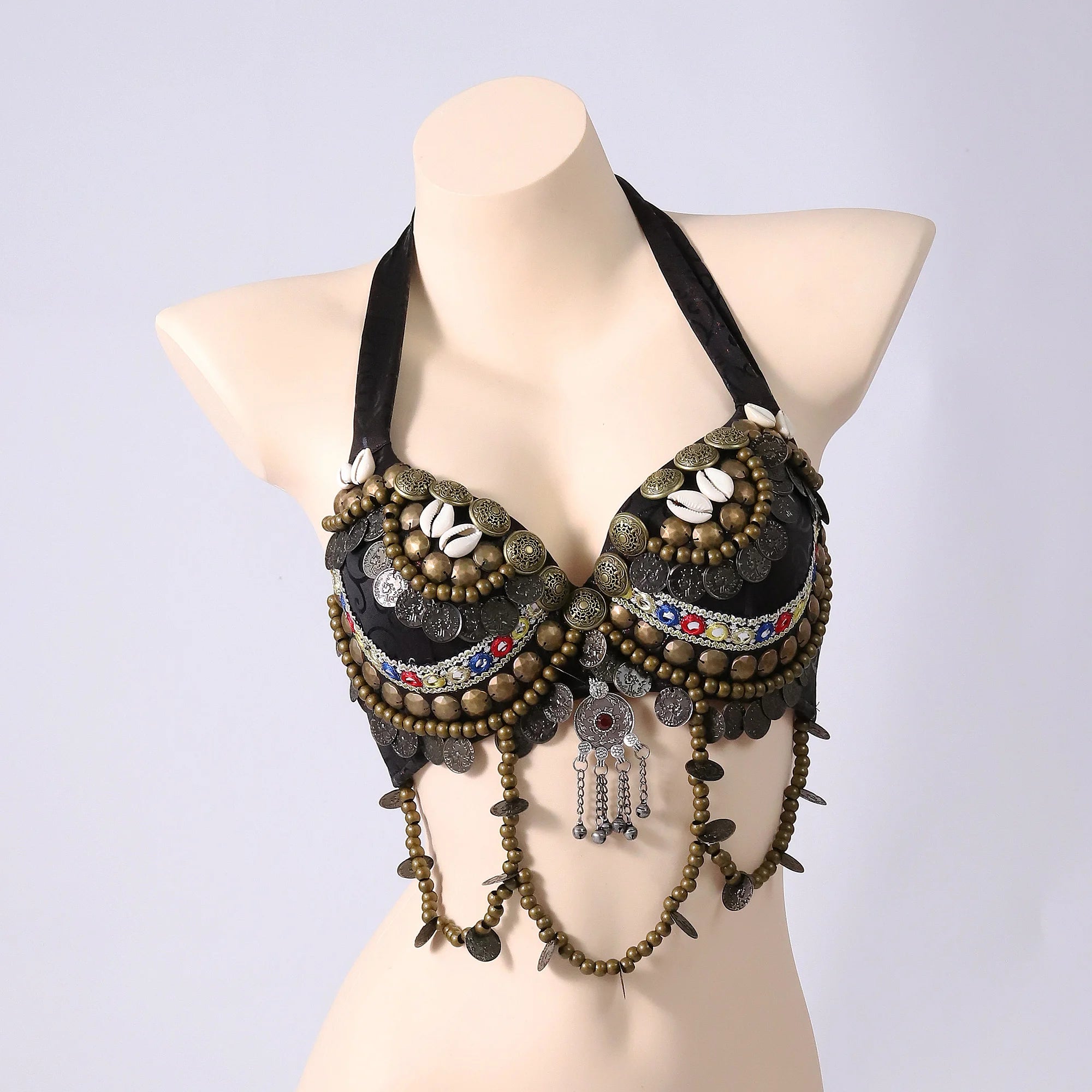 Tribal Belly Dance Bra - Vintage Gypsy Style with Beads, Mirrors & Coin Drapes