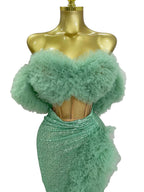 Feather Trim Two-Piece Set | Off-Shoulder Top & Slit Skirt | Stage