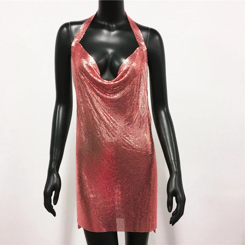 Metal Sequin Halter Mini Dress - Backless V-Neck Side Split Dress