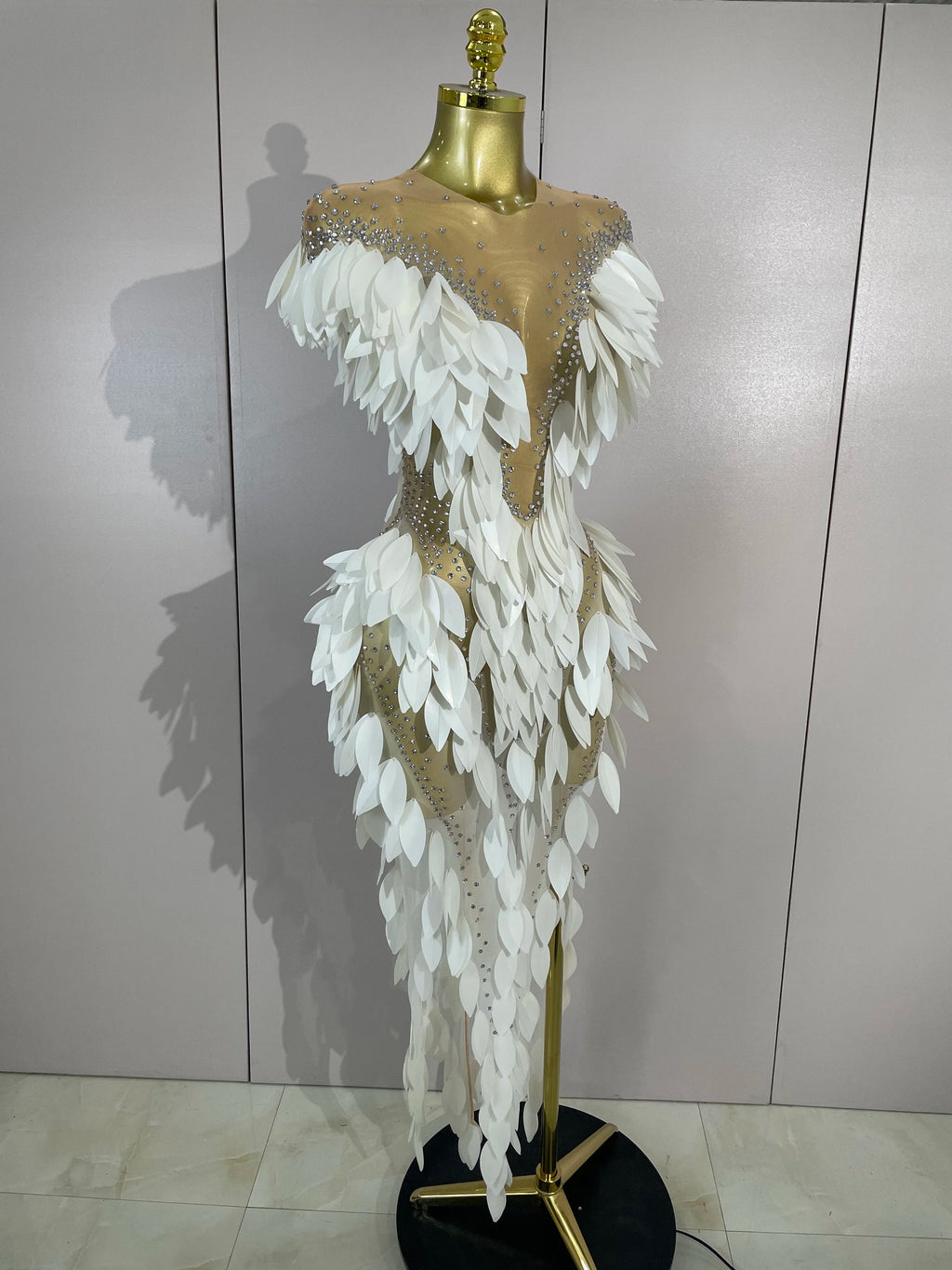 Pearl & Diamond Mesh Feather Gown | Sheer | Stage & Evening