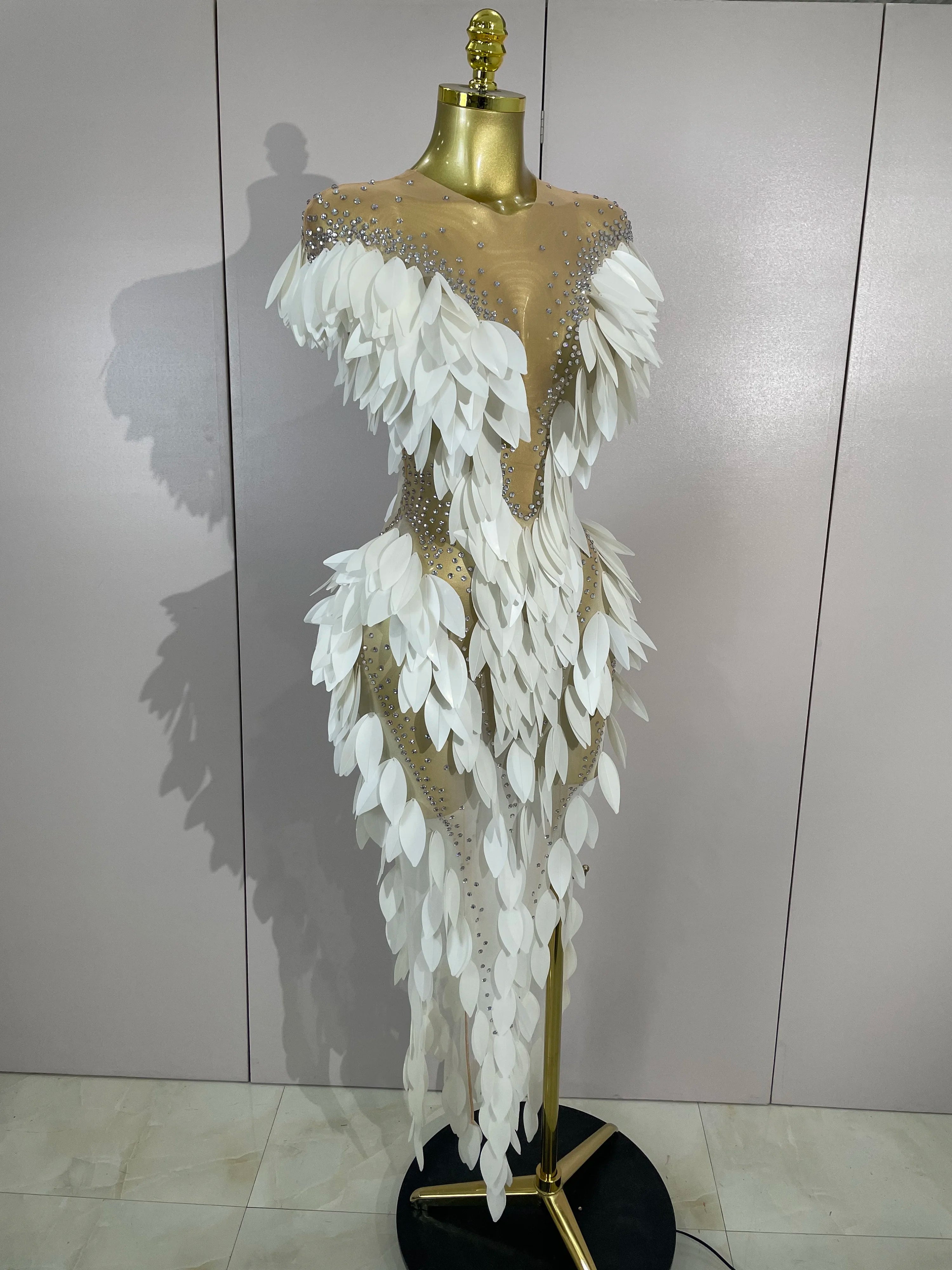 Pearl & Diamond Mesh Feather Gown | Sheer | Stage & Evening
