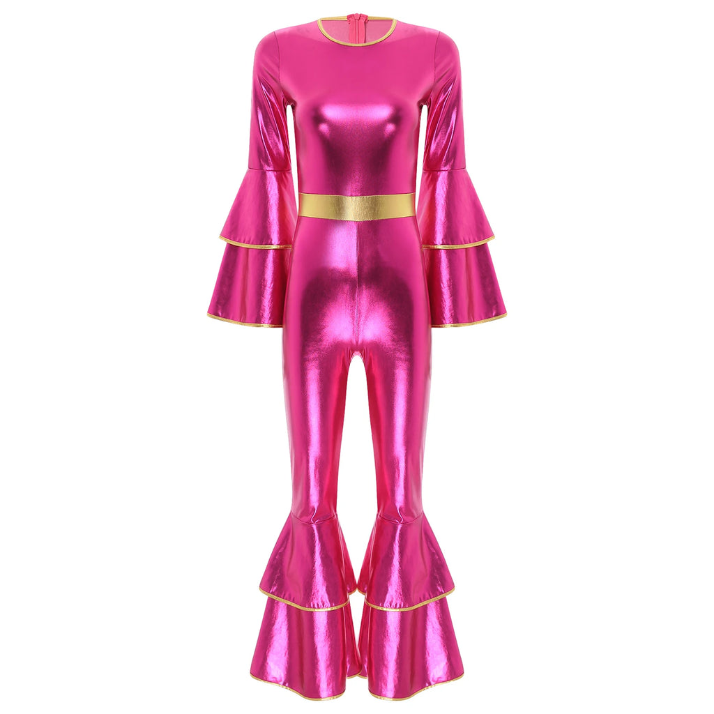 Women's Metallic Jumpsuit | Tiered Flare Sleeve | 70s Disco