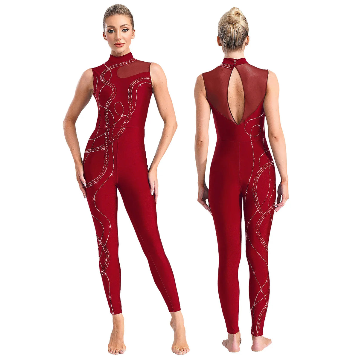 Rhinestone Full-Body Leotard | Sleeveless | Keyhole Back | Mesh