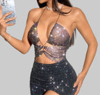 Rhinestone Fishnet Mesh Crop Top - Metal Neck See-Through Camisole