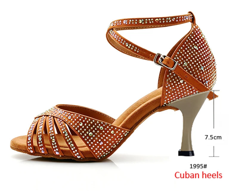 Women's Rhinestone Latin Heels | Bronze Satin | Multi-Height