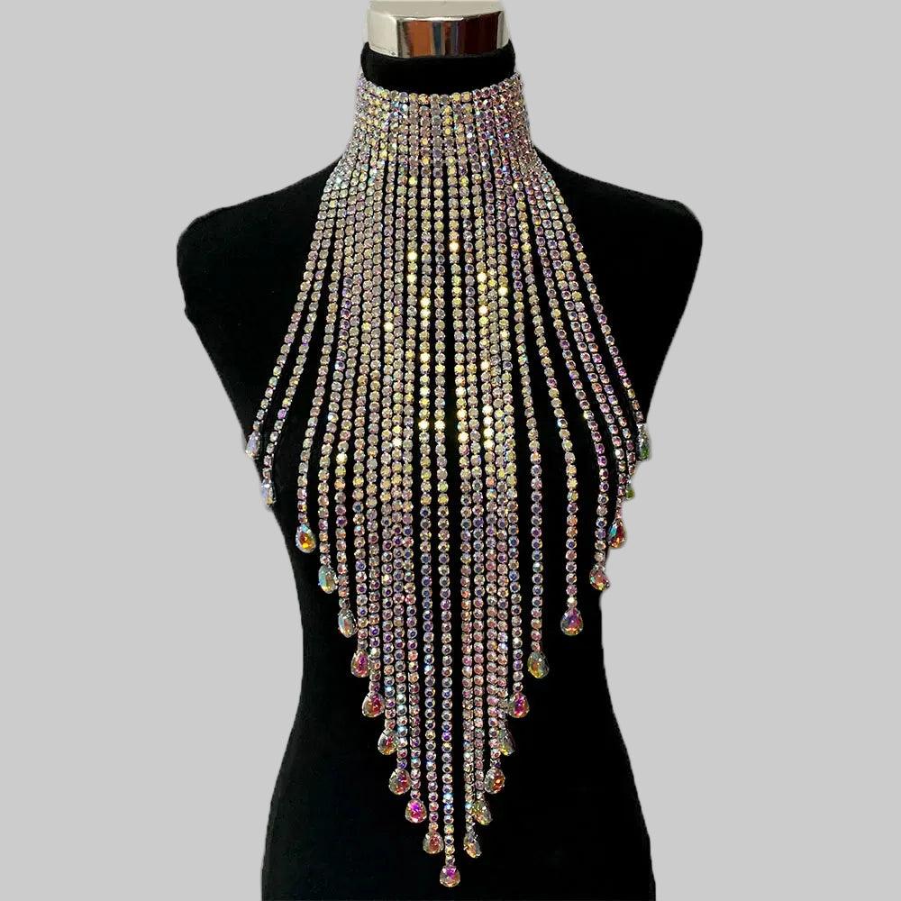 Rhinestone Choker Necklace - Long Tassel Crystal Statement Necklace