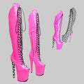 Thigh-High Platform Boots - 8-Inch Grid Pattern Lace-Up Boots for Pole Dance & Performance