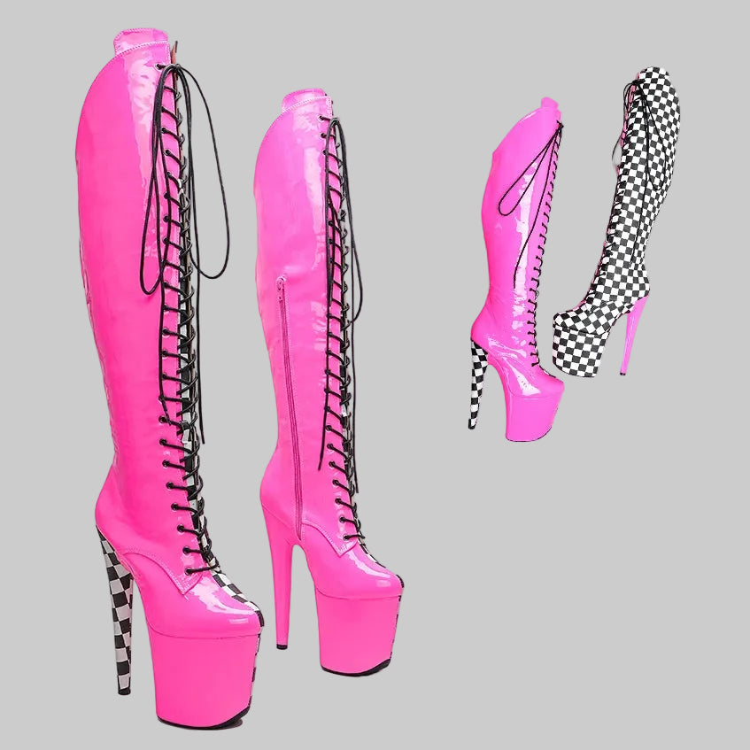 Thigh-High Platform Boots - 8-Inch Grid Pattern Lace-Up Boots for Pole Dance & Performance