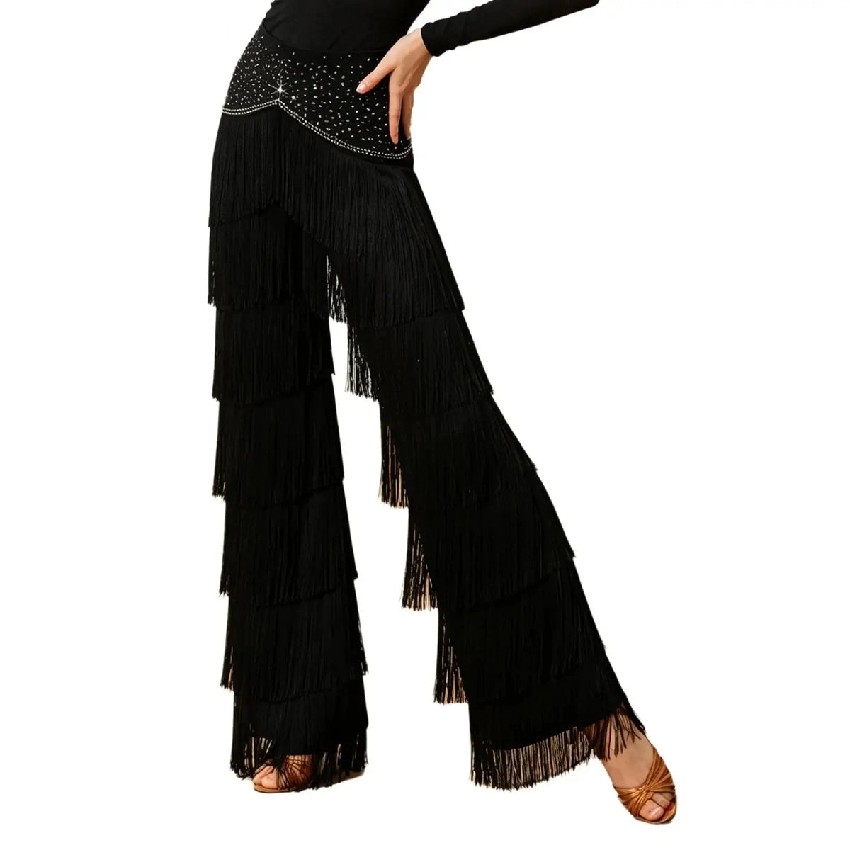 Fringe Tassel Latin Dance Pants | Rhinestone Waist | Straight Leg